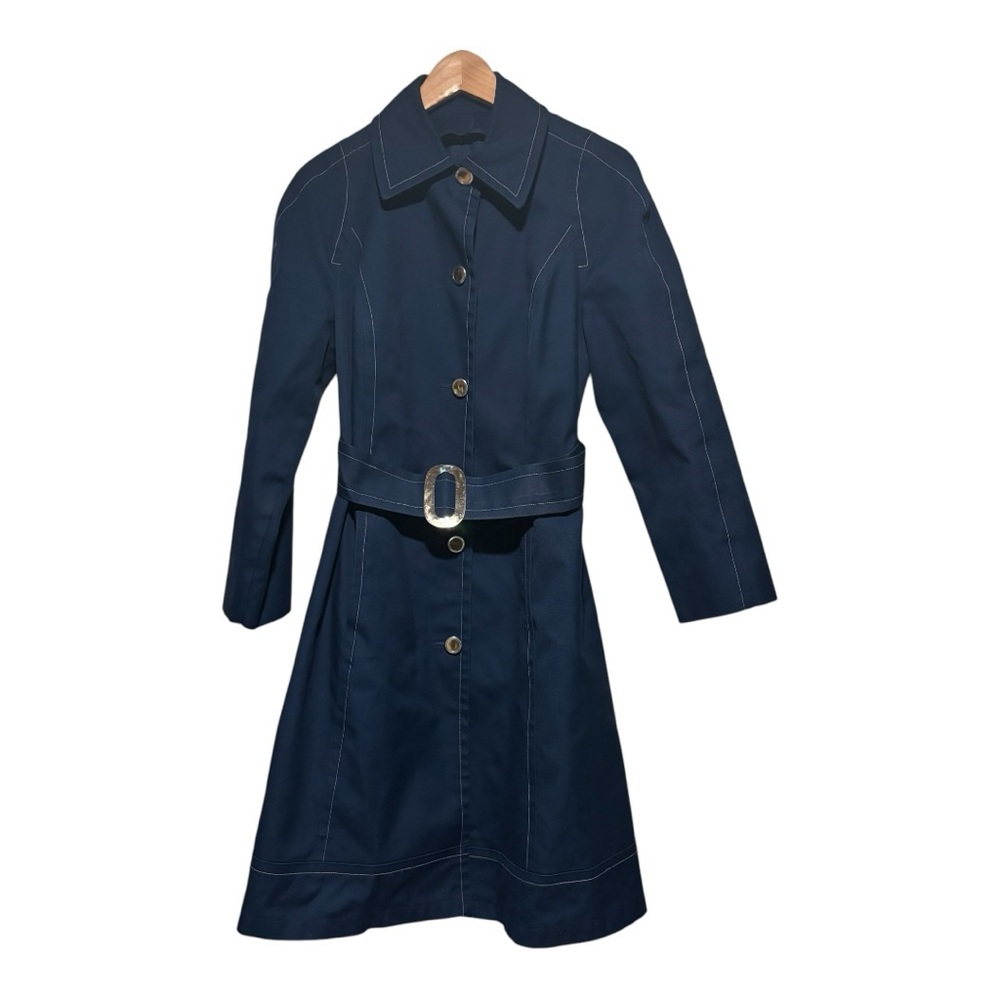 London Fog Women’s Blue Trench Coat with Belt and Collar Caribe Cloth